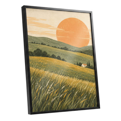 Where the Hills Glow, green, gold, orange nature wall art shown as a black framed poster wall art print