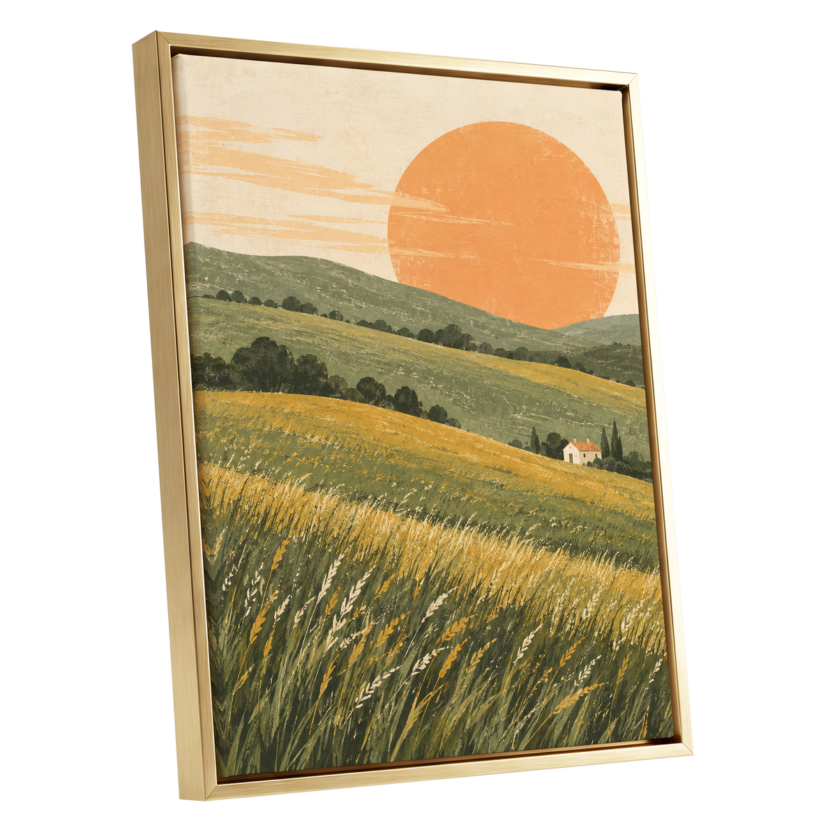 Where the Hills Glow, green, gold, orange nature wall art shown as a gold framed canvas wall art