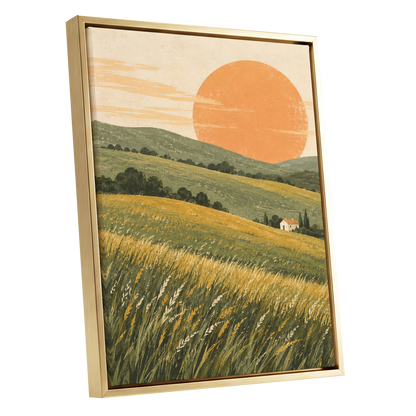 Where the Hills Glow, green, gold, orange nature wall art shown as a gold framed canvas wall art