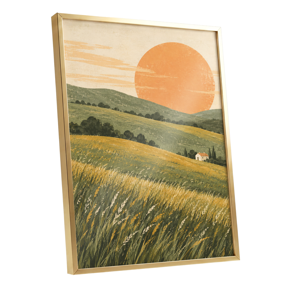 Where the Hills Glow, green, gold, orange nature wall art shown as a gold framed poster wall art print