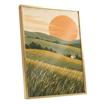 Where the Hills Glow, green, gold, orange nature wall art shown as a gold framed poster wall art print