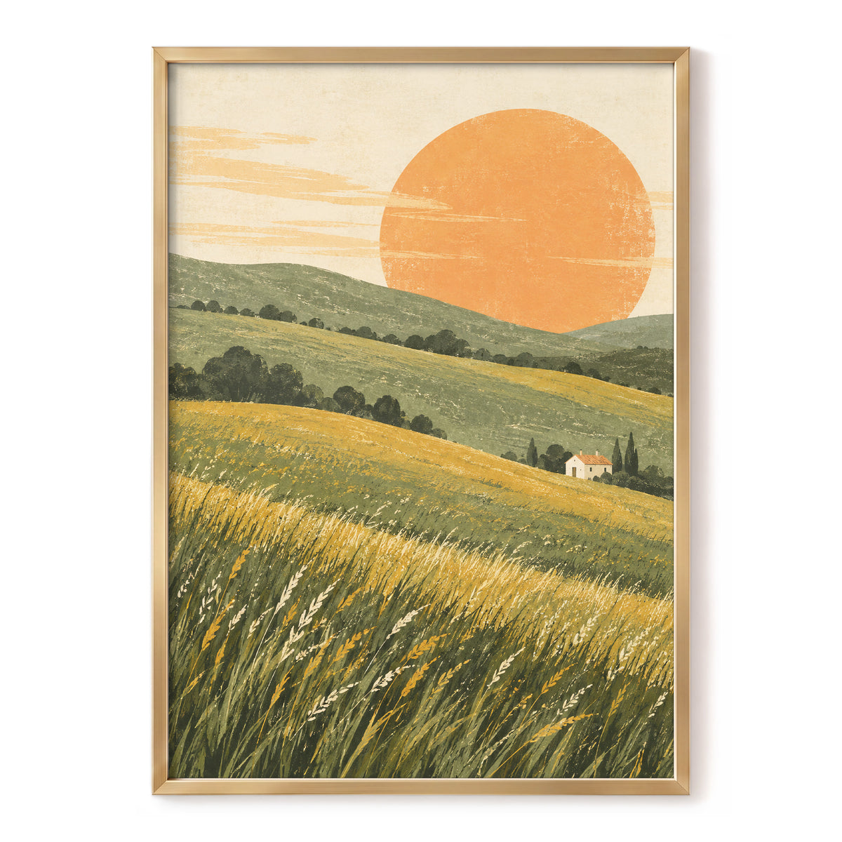 Where the Hills Glow, green, gold, orange nature wall art, front artwork view