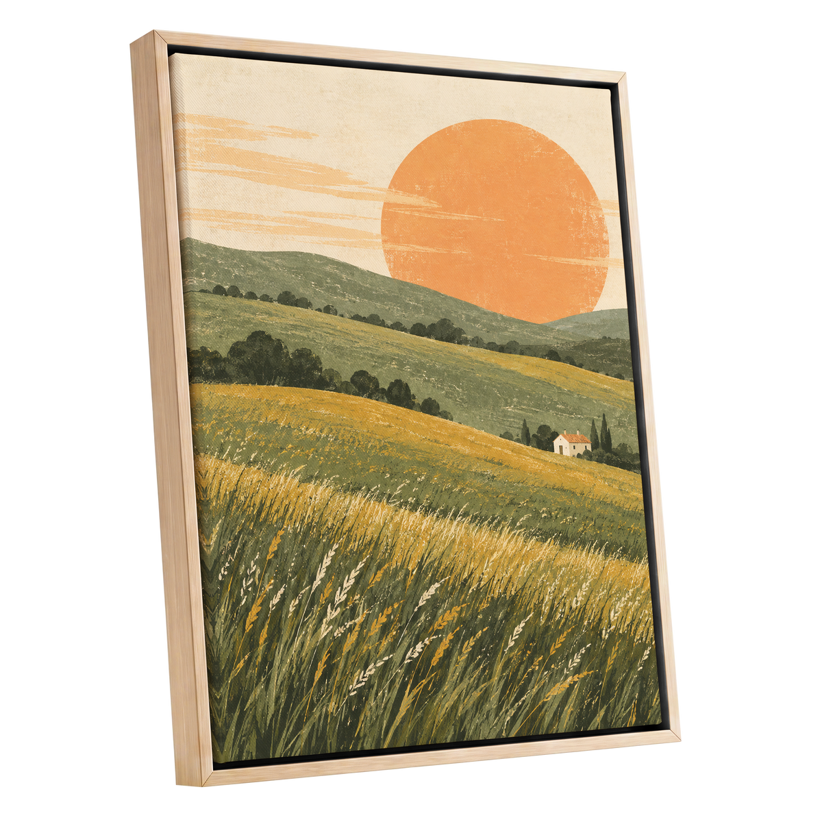 Where the Hills Glow, green, gold, orange nature wall art shown as a oak framed canvas wall art
