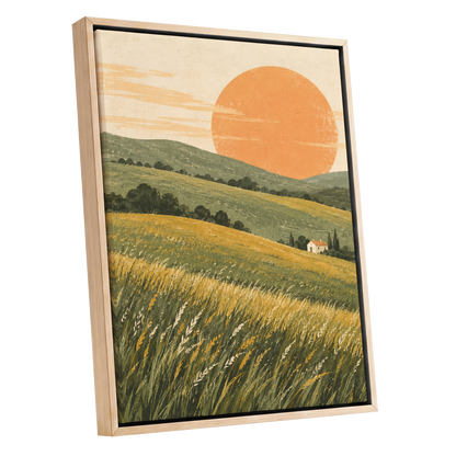 Where the Hills Glow, green, gold, orange nature wall art shown as a oak framed canvas wall art