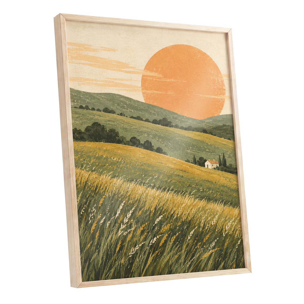 Where the Hills Glow, green, gold, orange nature wall art shown as a oak framed poster wall art print