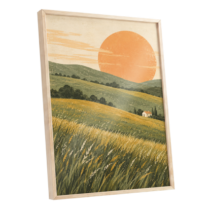 Where the Hills Glow, green, gold, orange nature wall art shown as a oak framed poster wall art print
