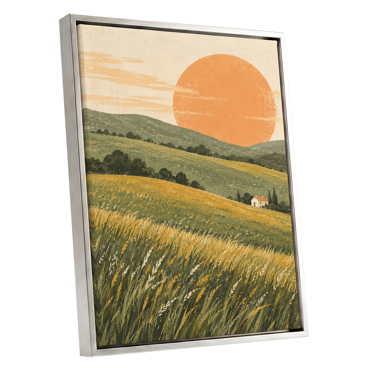 Where the Hills Glow, green, gold, orange nature wall art shown as a silver framed canvas wall art