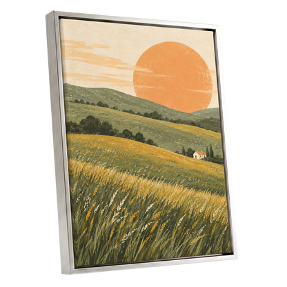 Where the Hills Glow, green, gold, orange nature wall art shown as a silver framed canvas wall art