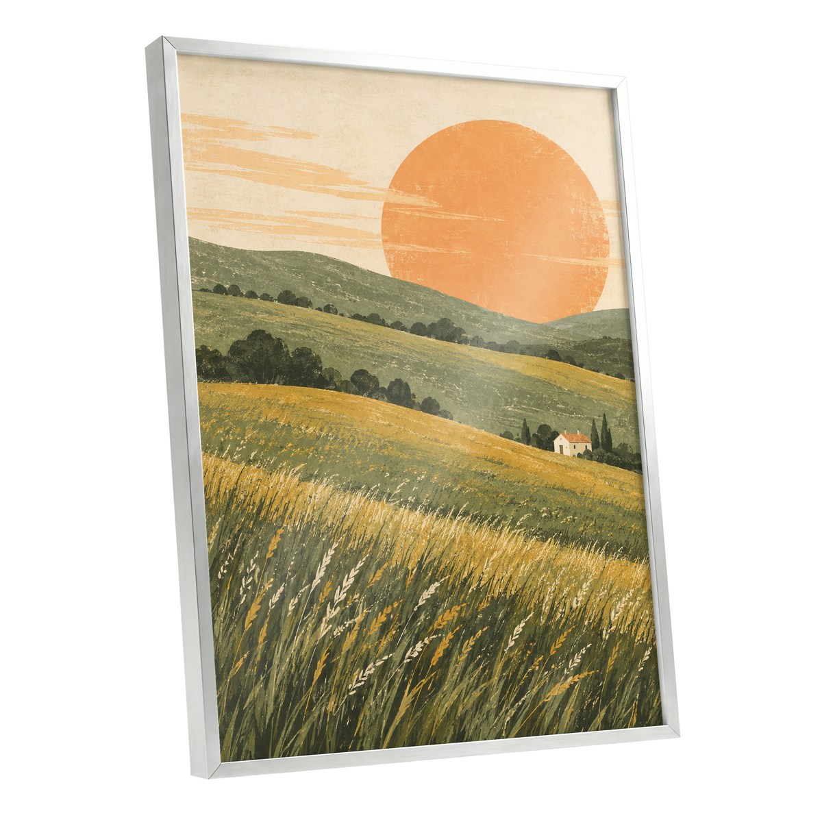 Where the Hills Glow, green, gold, orange nature wall art shown as a silver framed poster wall art print