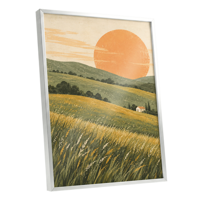 Where the Hills Glow, green, gold, orange nature wall art shown as a silver framed poster wall art print