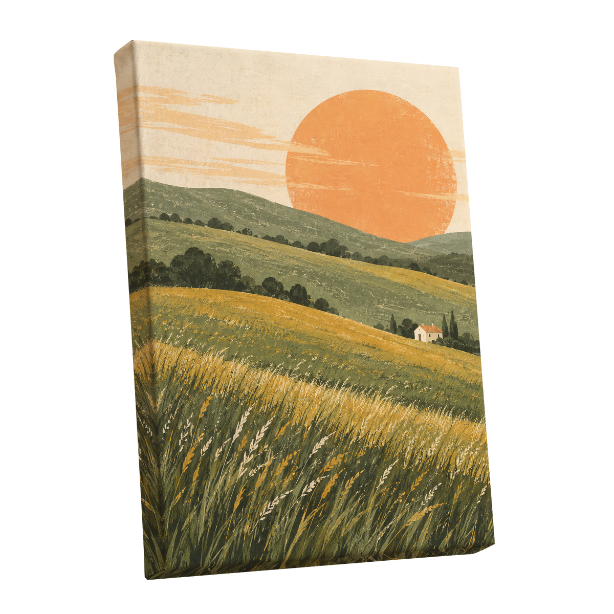 Where the Hills Glow, green, gold, orange nature wall art shown as a stretched canvas wall art