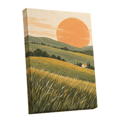 Where the Hills Glow, green, gold, orange nature wall art shown as a stretched canvas wall art