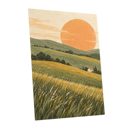 Where the Hills Glow, green, gold, orange nature wall art shown as a unframed poster wall art print