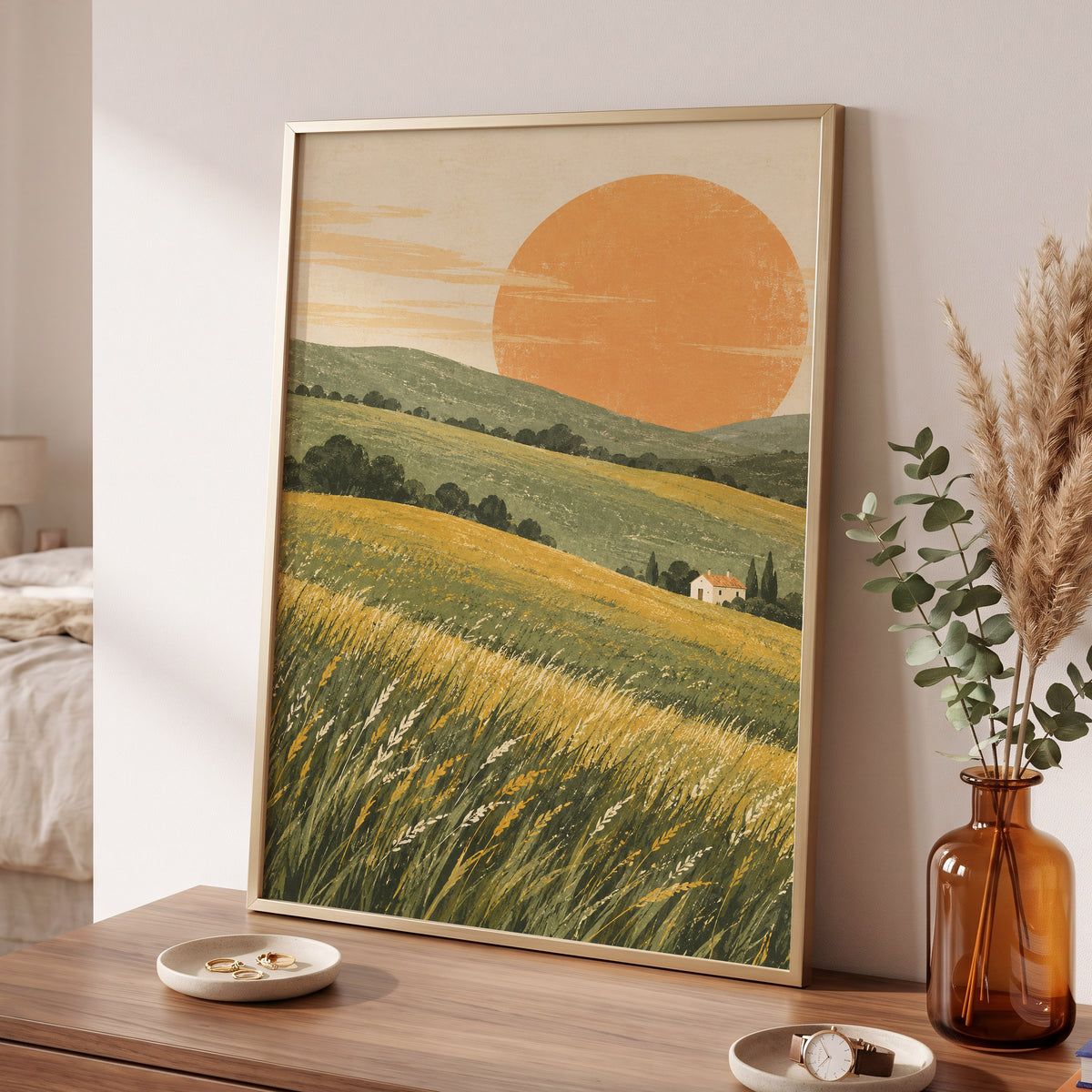 Where the Hills Glow, green, gold, orange nature wall art displayed in a styled interior, gallery view 2