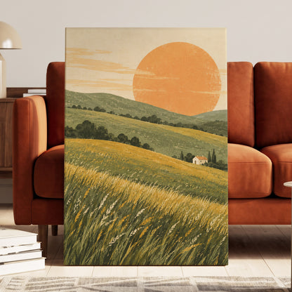 Where the Hills Glow, green, gold, orange nature wall art displayed in a styled interior, gallery view 3