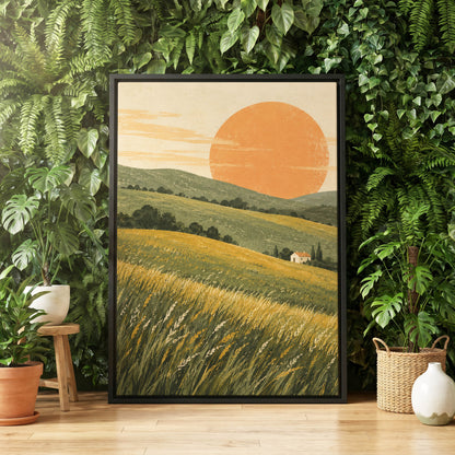 Where the Hills Glow, green, gold, orange nature wall art displayed in a styled interior, gallery view 4