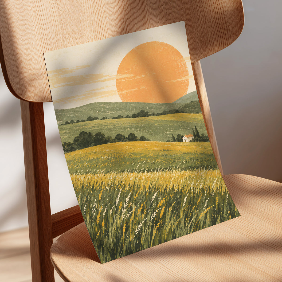 Where the Hills Glow, green, gold, orange nature wall art displayed in a styled interior, gallery view 5
