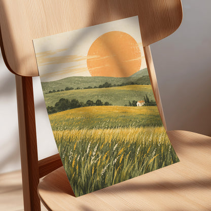 Where the Hills Glow, green, gold, orange nature wall art displayed in a styled interior, gallery view 5