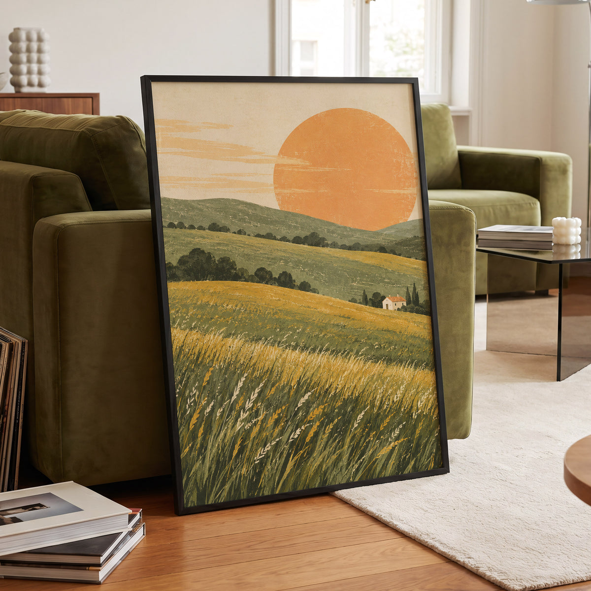 Where the Hills Glow, green, gold, orange nature wall art displayed in a styled interior, gallery view 6