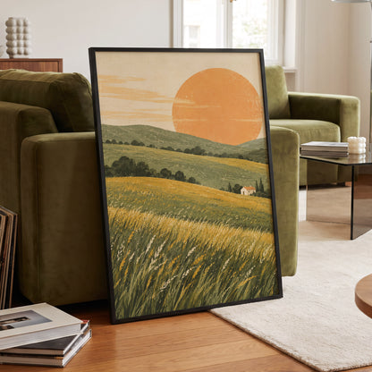 Where the Hills Glow, green, gold, orange nature wall art displayed in a styled interior, gallery view 6