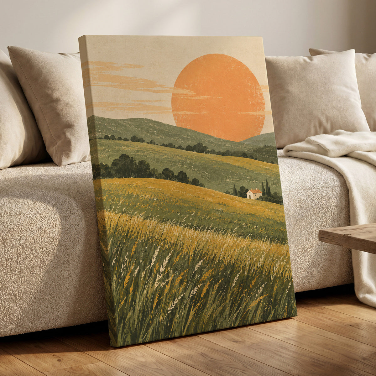 Where the Hills Glow, green, gold, orange nature wall art displayed in a styled interior, gallery view 7