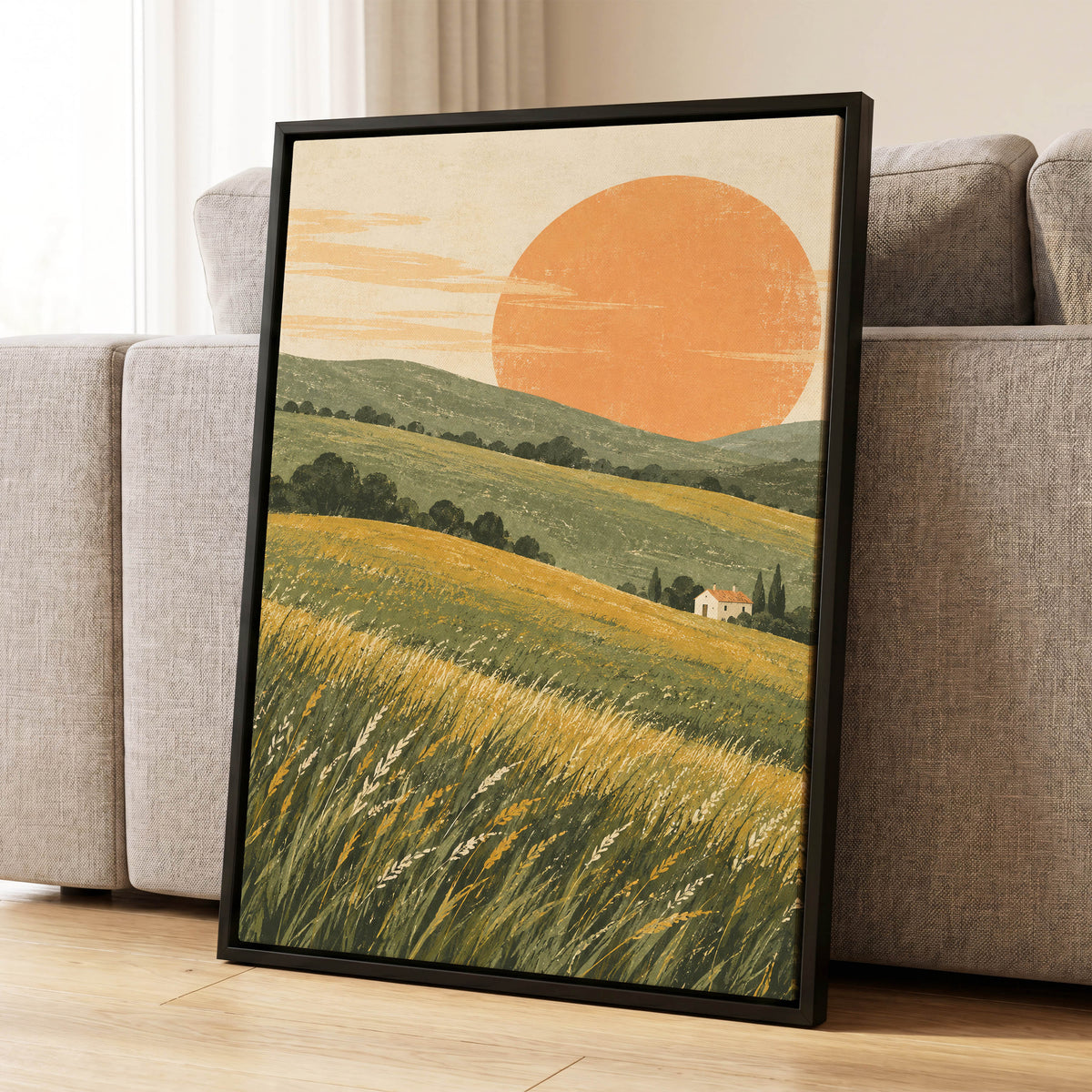 Where the Hills Glow, green, gold, orange nature wall art displayed in a styled interior, gallery view 8