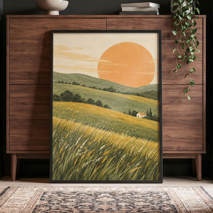 Where the Hills Glow, green, gold, orange nature wall art displayed in a styled interior, gallery view 9