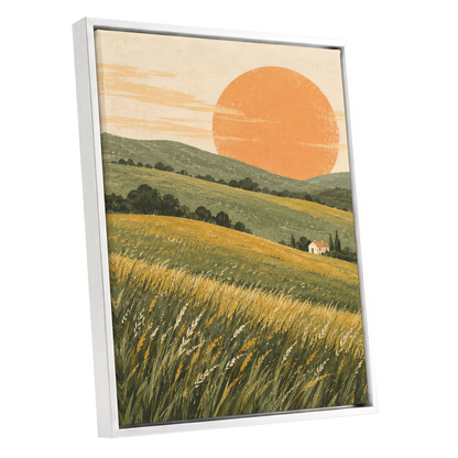 Where the Hills Glow, green, gold, orange nature wall art shown as a white framed canvas wall art