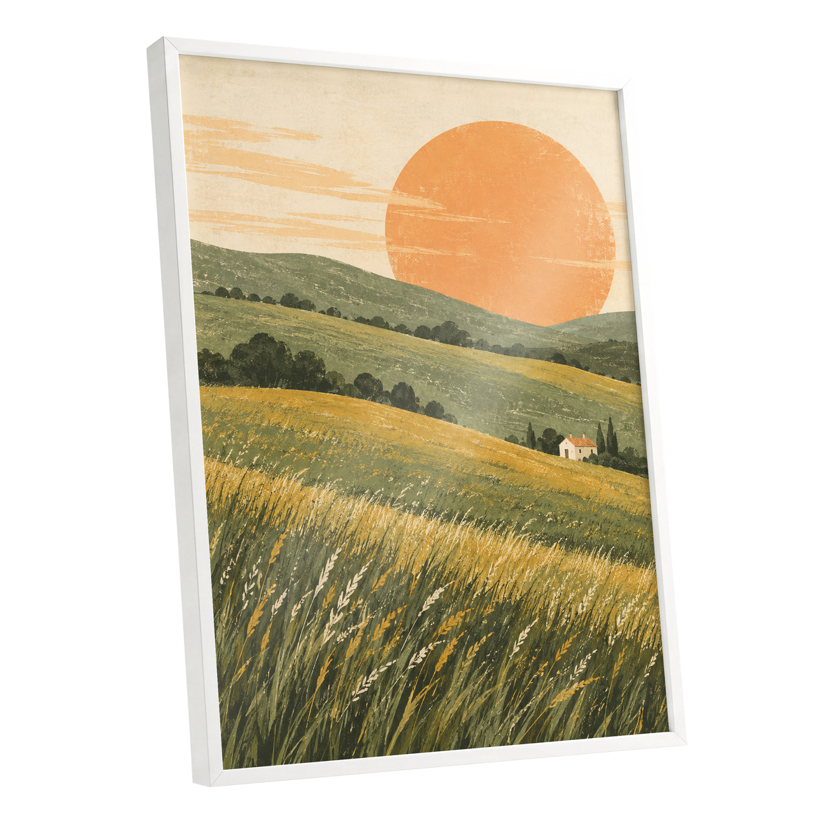 Where the Hills Glow, green, gold, orange nature wall art shown as a white framed poster wall art print