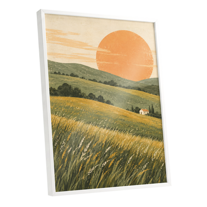Where the Hills Glow, green, gold, orange nature wall art shown as a white framed poster wall art print