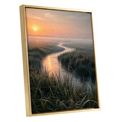 Where the Marsh Wakes, green, gold, orange nature wall art shown as a gold framed canvas wall art