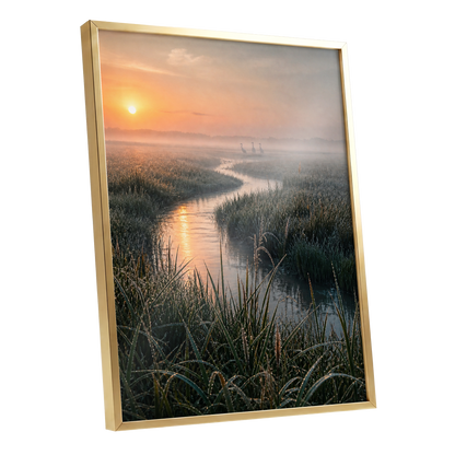 Where the Marsh Wakes, green, gold, orange nature wall art shown as a gold framed poster wall art print