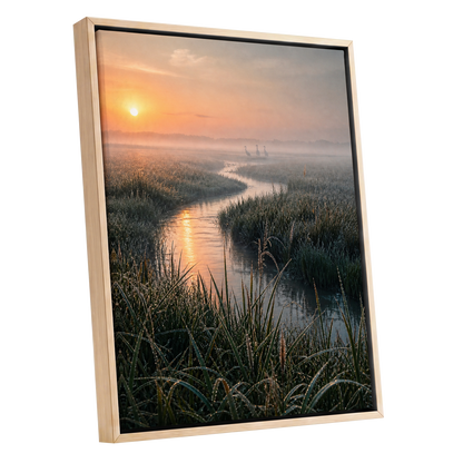 Where the Marsh Wakes, green, gold, orange nature wall art shown as a oak framed canvas wall art