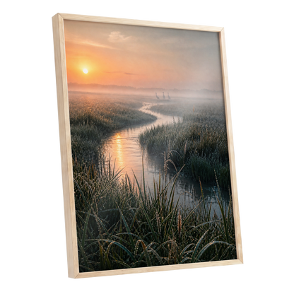 Where the Marsh Wakes, green, gold, orange nature wall art shown as a oak framed poster wall art print