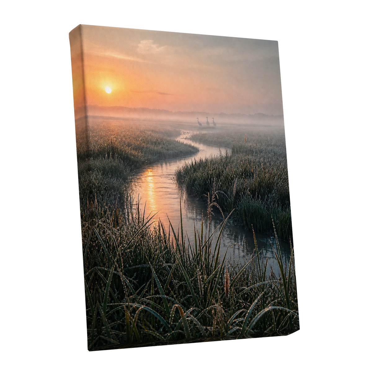 Where the Marsh Wakes, green, gold, orange nature wall art shown as a stretched canvas wall art