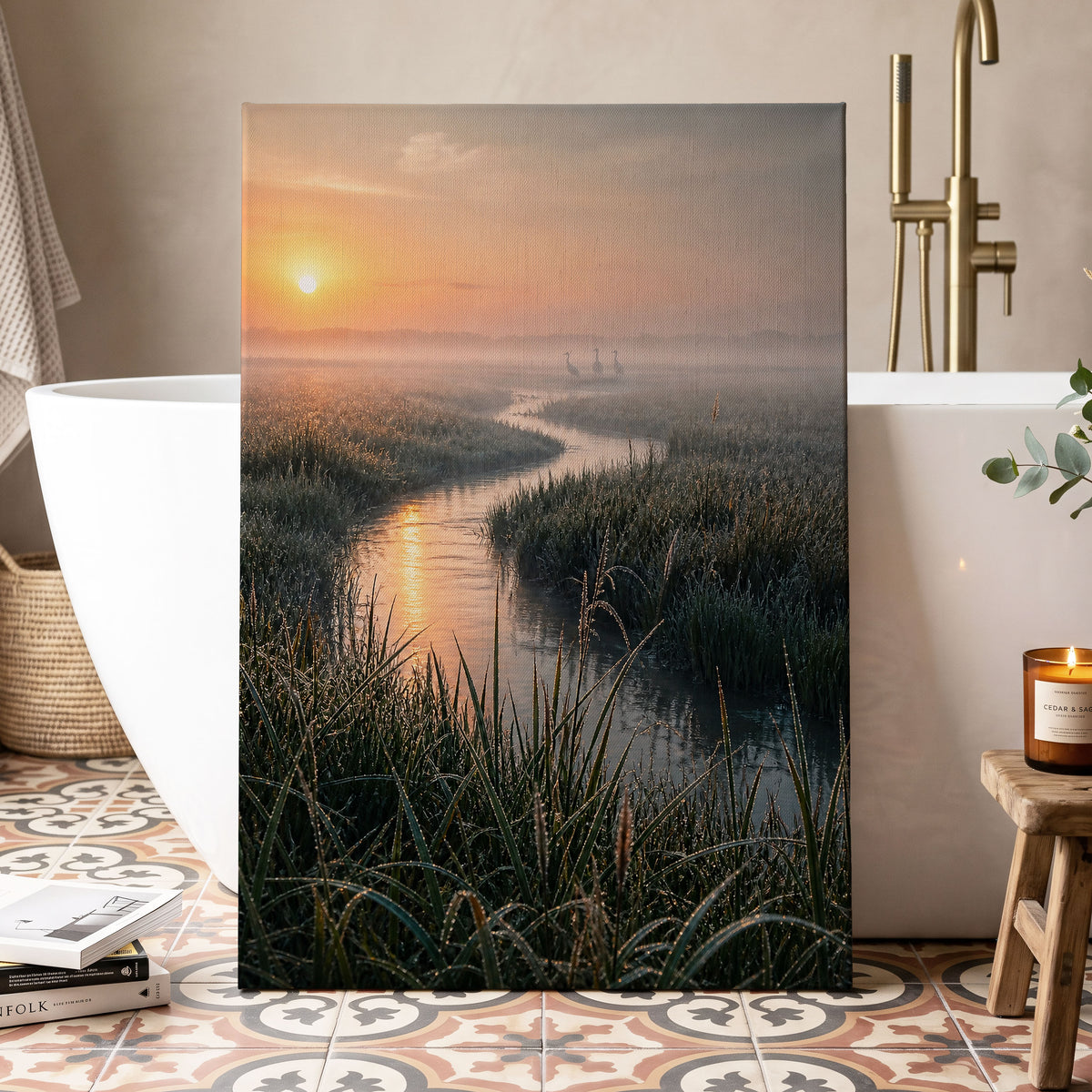 Where the Marsh Wakes, green, gold, orange nature wall art displayed in a styled interior, gallery view 3