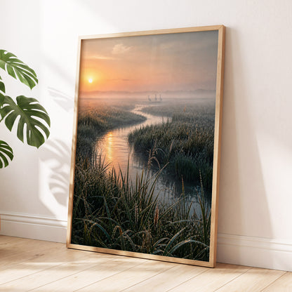 Where the Marsh Wakes, green, gold, orange nature wall art displayed in a styled interior, gallery view 6