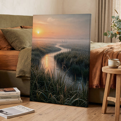 Where the Marsh Wakes, green, gold, orange nature wall art displayed in a styled interior, gallery view 7