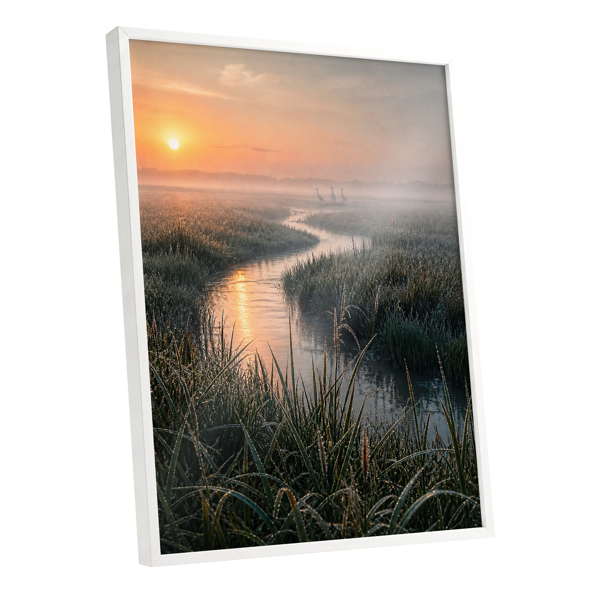 Where the Marsh Wakes, green, gold, orange nature wall art shown as a white framed poster wall art print