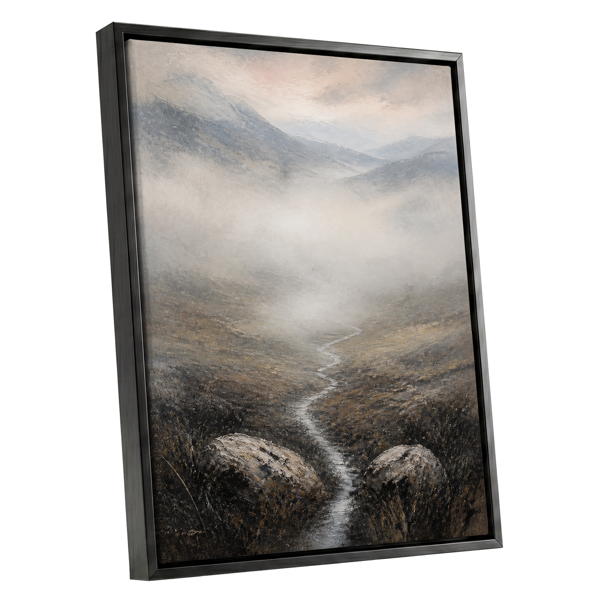 Where the Mist Wanders, gray, beige, brown nature wall art shown as a black framed canvas wall art
