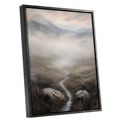 Where the Mist Wanders, gray, beige, brown nature wall art shown as a black framed canvas wall art