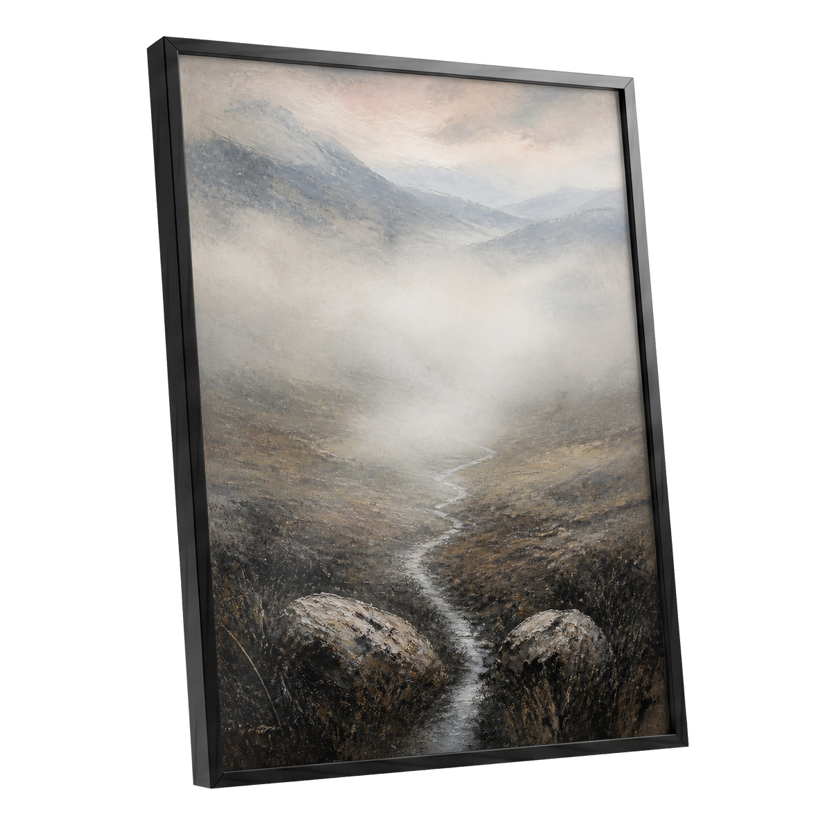 Where the Mist Wanders, gray, beige, brown nature wall art shown as a black framed poster wall art print
