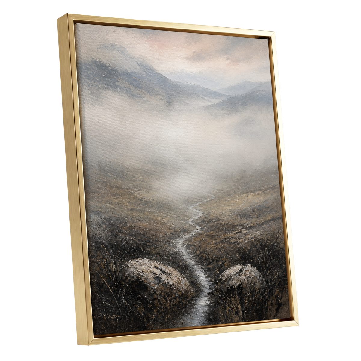 Where the Mist Wanders, gray, beige, brown nature wall art shown as a gold framed canvas wall art
