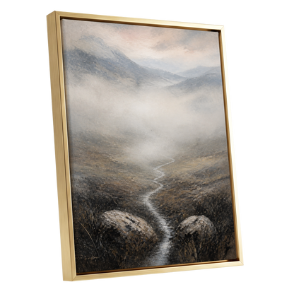 Where the Mist Wanders, gray, beige, brown nature wall art shown as a gold framed canvas wall art