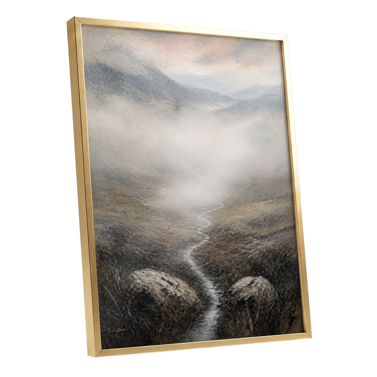 Where the Mist Wanders, gray, beige, brown nature wall art shown as a gold framed poster wall art print