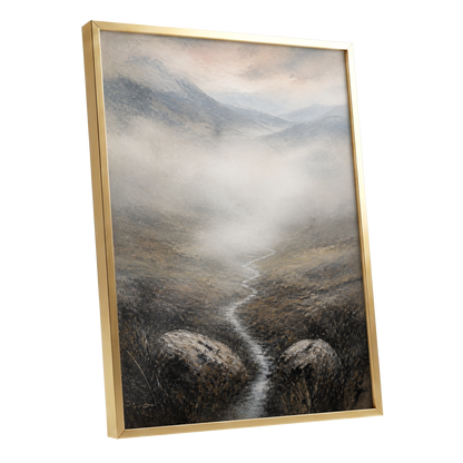 Where the Mist Wanders, gray, beige, brown nature wall art shown as a gold framed poster wall art print