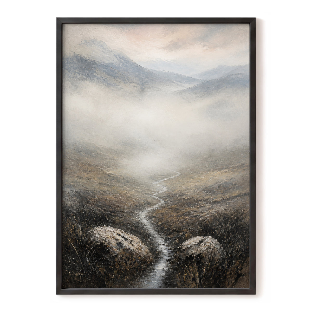 Where the Mist Wanders, gray, beige, brown nature wall art, front artwork view