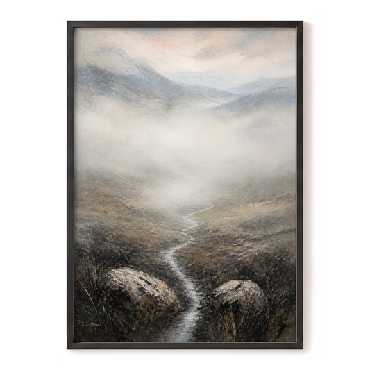 Where the Mist Wanders, gray, beige, brown nature wall art, front artwork view