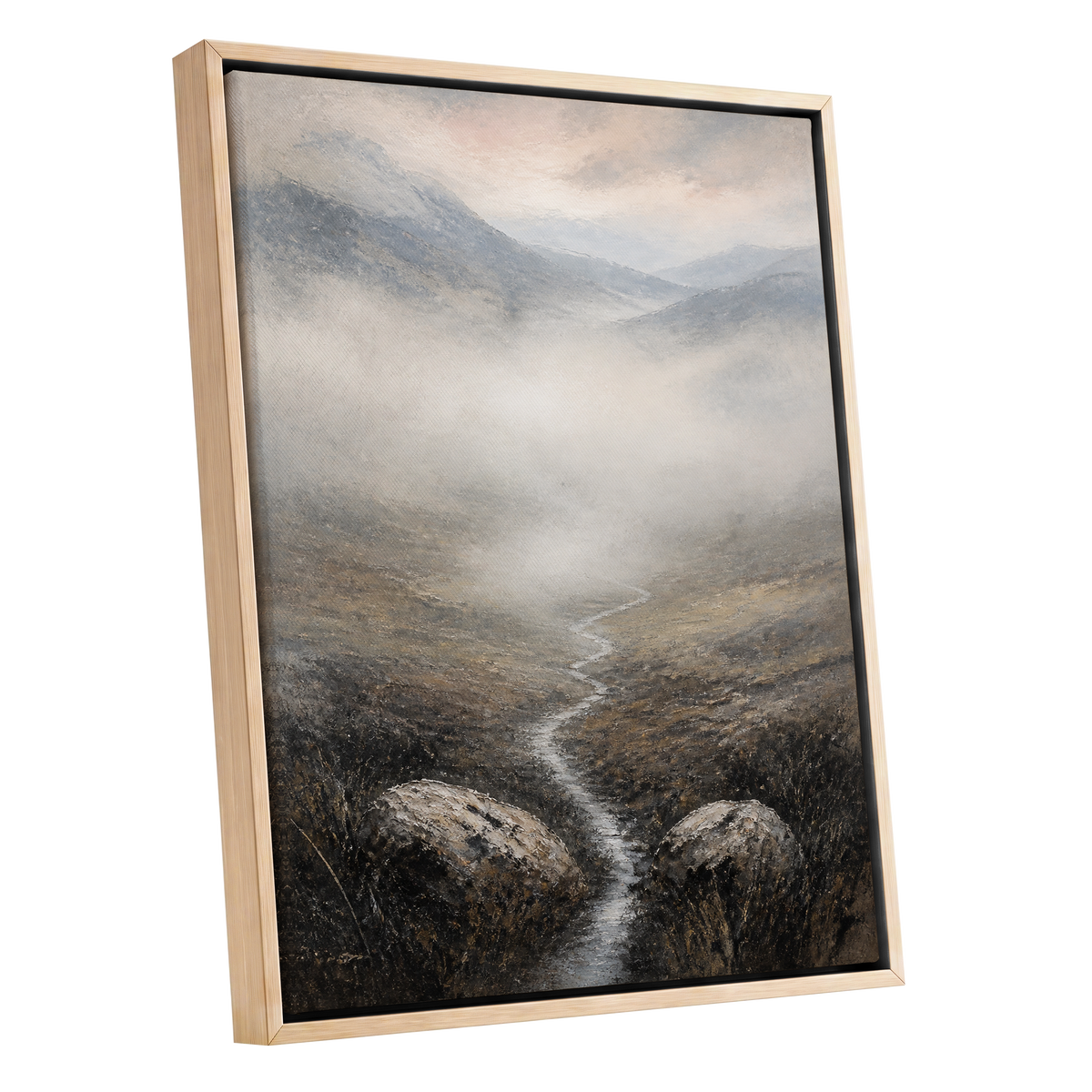 Where the Mist Wanders, gray, beige, brown nature wall art shown as a oak framed canvas wall art