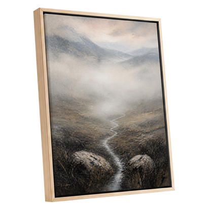Where the Mist Wanders, gray, beige, brown nature wall art shown as a oak framed canvas wall art